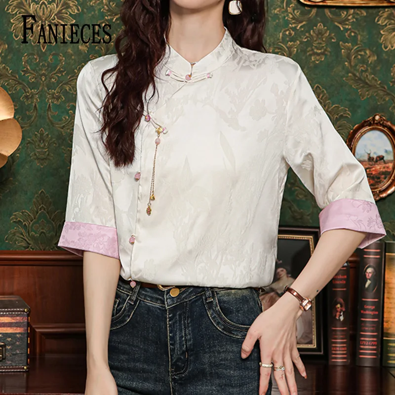 

Новинка 2024, летние рубашки и блузки FANIECES, женская одежда в китайском стиле с коротким рукавом и винтажной вышивкой, белая рубашка с воротником-стойкой