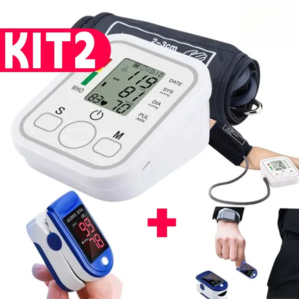 Kit Saude Domestico Oxímetro de Dedo e Medidor Pressão Arterial Digital Automatico Monitoramento Completo