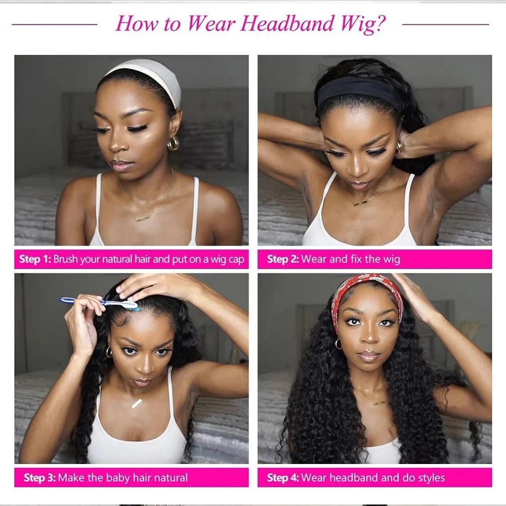 Curly Headband Wigs Human Hair Wigs For Black Women Scarf Machine Made Wig 34Inches 180% Brazilian Remy Human Hair Headband Wig