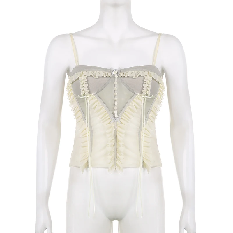 Camisola de tirantes fina con volantes y retazos para mujer, estilo Y2K, estilo veraniego, estilo urbano, sexy, de los años 2000