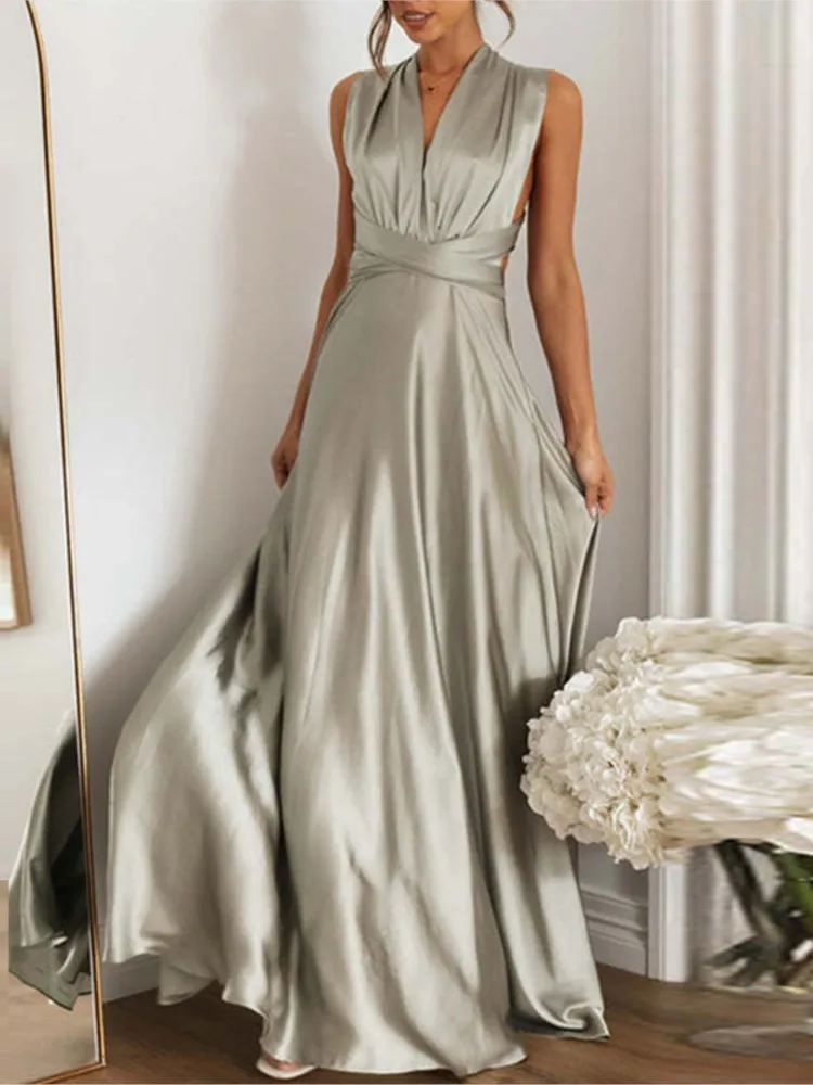 Vestidos largos de chiffon estilo halter con espalda descubierta Salvia