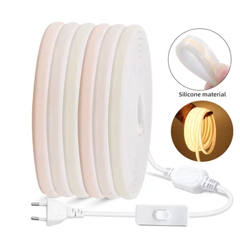 고휘도 COB 네온 스트립 조명, 스위치 포함, 288LED/m 방수, 유연한 리본 LED 테이프, 주방 야외 조명, 220V