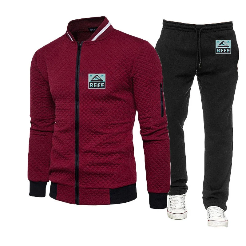 Reef 2023 Men's New Spring and Autumn Slim Zipper Sportswear Sweater+Pants Pullover Sportswear Set