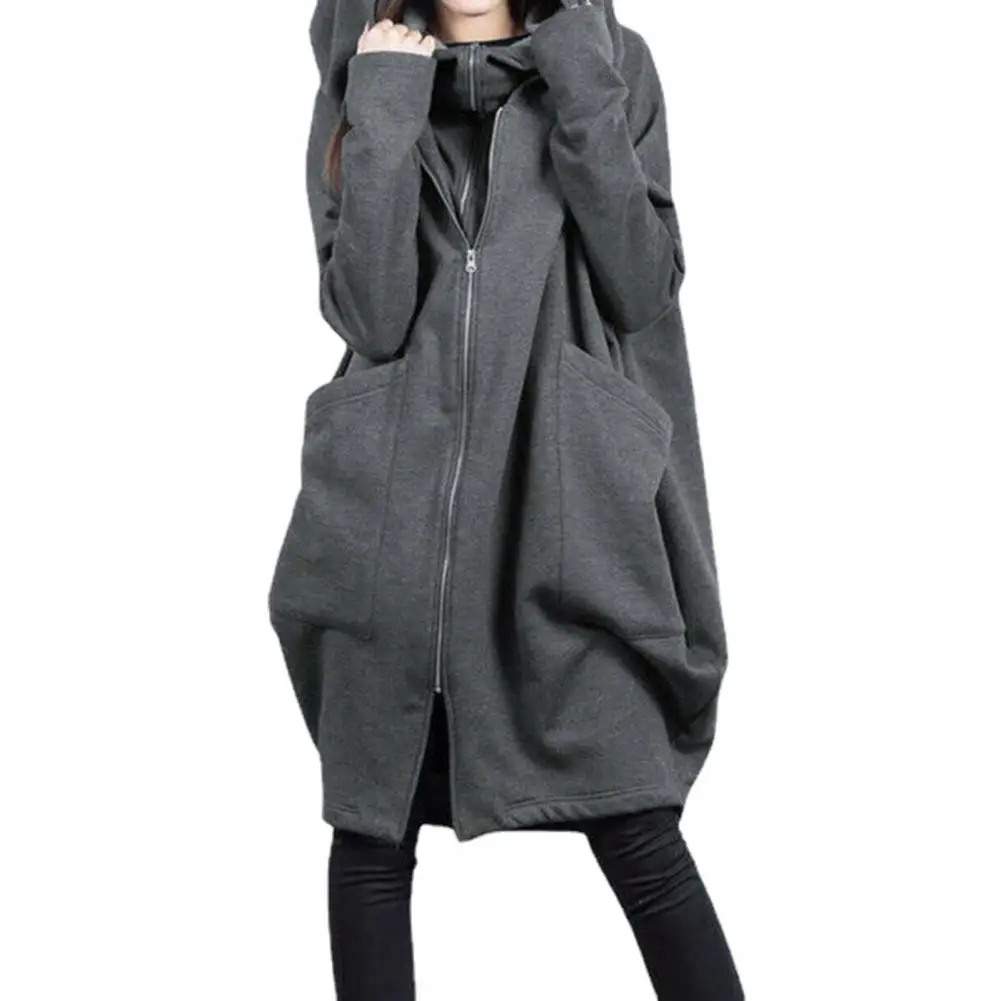

Women Sweatshirt Hooded Long Sleeve Sweatshirt Coat Zipper Placket Big Pockets Fake Two Pieces Mid-length Hoodie Jacket