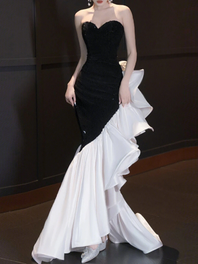 

Exquisite Luxury Strapless Slim Mermaid Long Evening Dresses Popular Constrast Color Asymmetrical Wave Edge Gown High End Robe