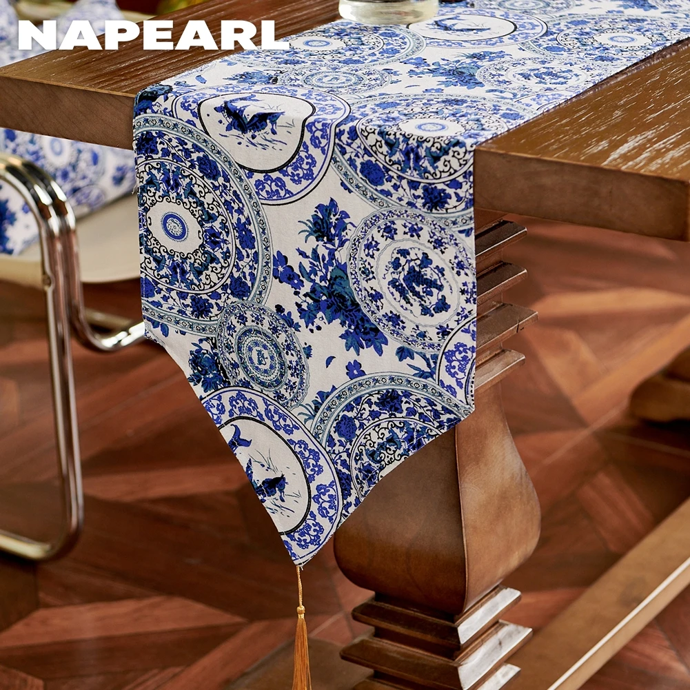 NAPEARL Blue Floral Printed Table Runner Tassel Decorative Handmade for Dinner Table Kitchen 1PC