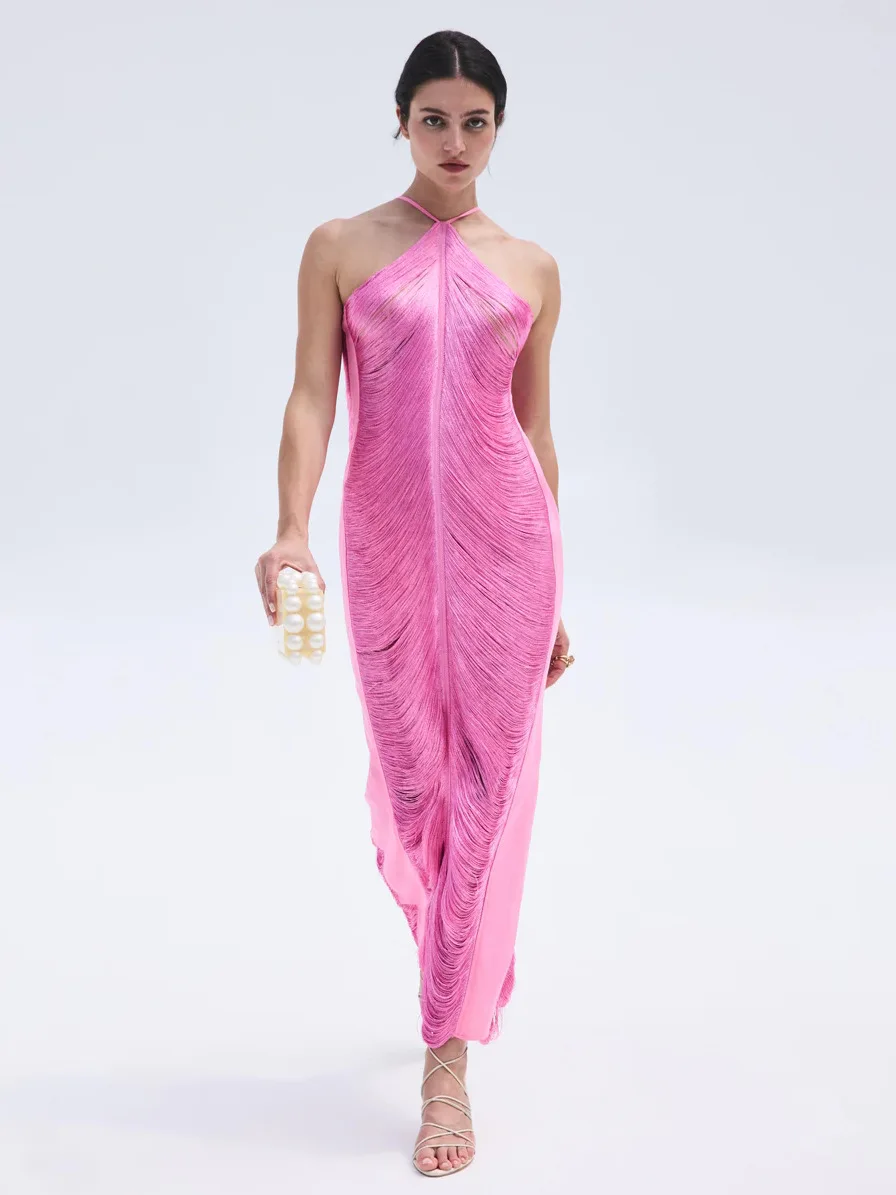 Polyester Midi length V-Neck Tassel Dress