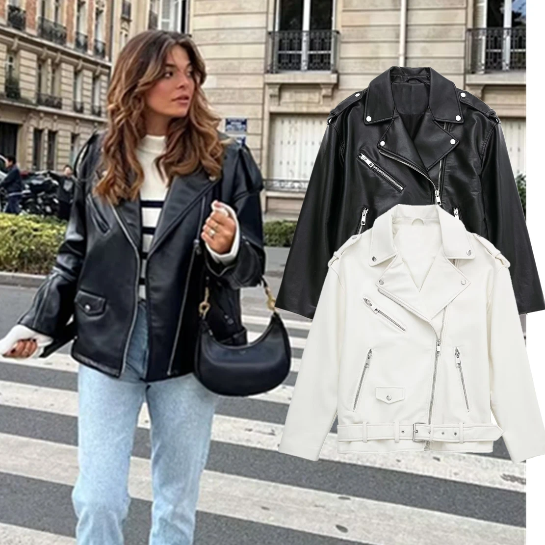 

Dave&Di Motorcycle Leather Jacket High Street Zippers Coat Women