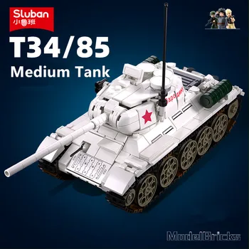 518PCS 소련 WW2 군사 T34-85 중간 탱크 모델 벽돌 군인 피규어 빌딩 블록 세트 교육 장난감