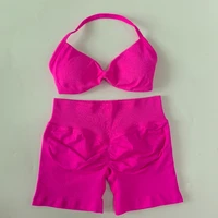 NO LOGO 2PCS Gym Set Women Strappy Yoga Bra Top High Waist Workout Scrunch Shorts Sports Suit Seamless Yoga Set Fitness Clothes - Image 5