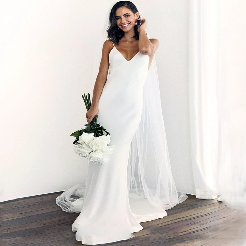 

Simple Wedding Dresses Spaghetti Straps High Quality Sexy Deep V-neck Sleeveless Open Back Sweep Train Bridal Gown