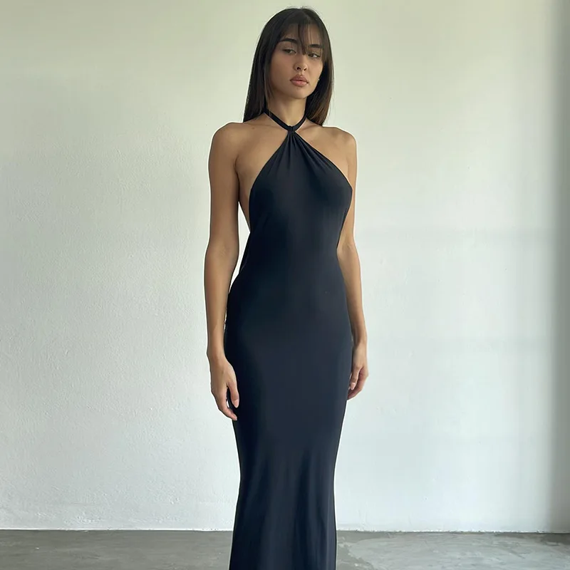 

2023 Summer Women's New European and American Style Sexy Backless Solid Color Hanging Neck Royal Sister Style Long Dress