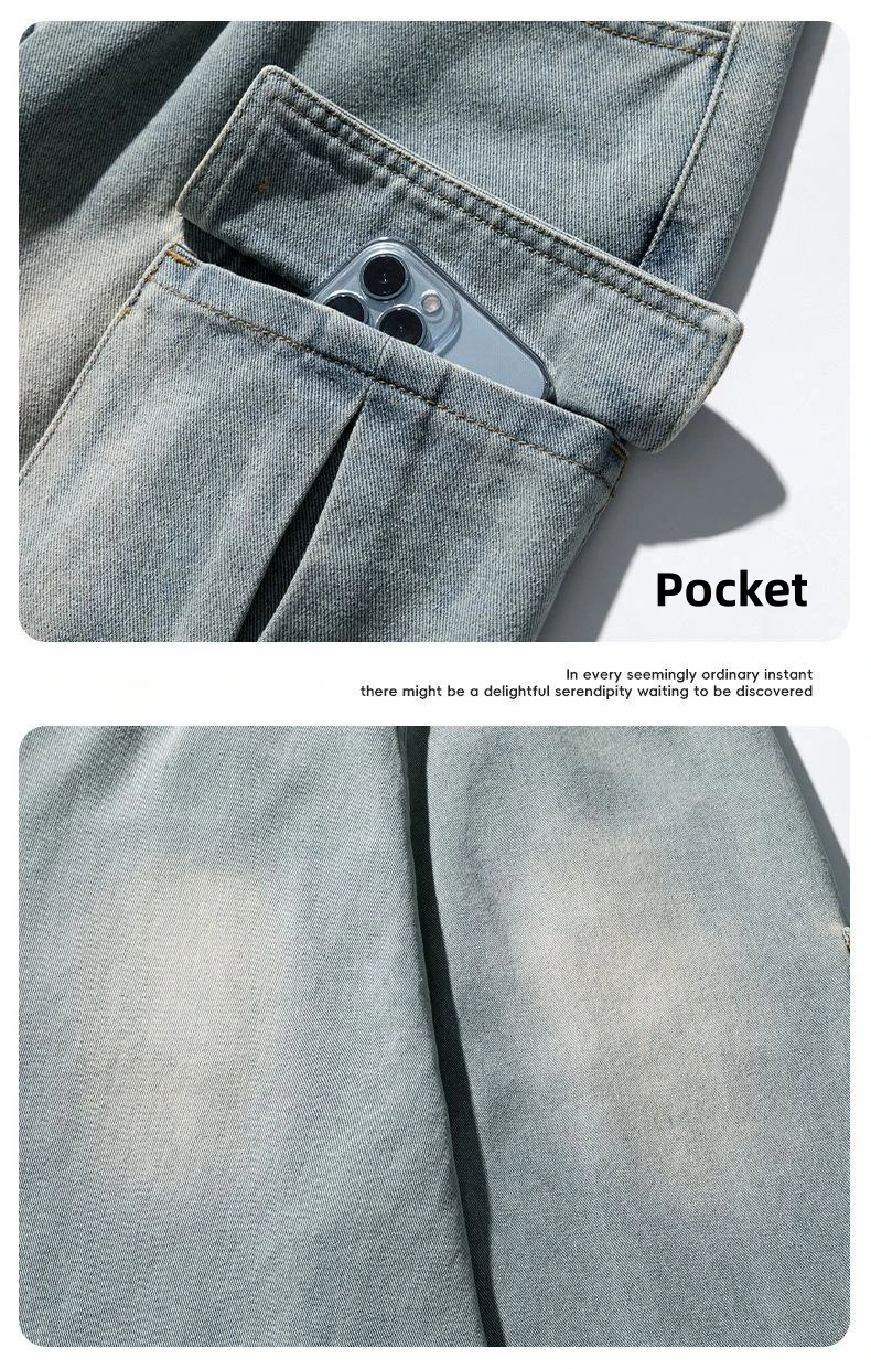 Men Women Work Style Old Wash Jeans Spring All Season Stereoscopic Multi-Pocket Design Denim Trousers Wide Leg Pants Loose Soft