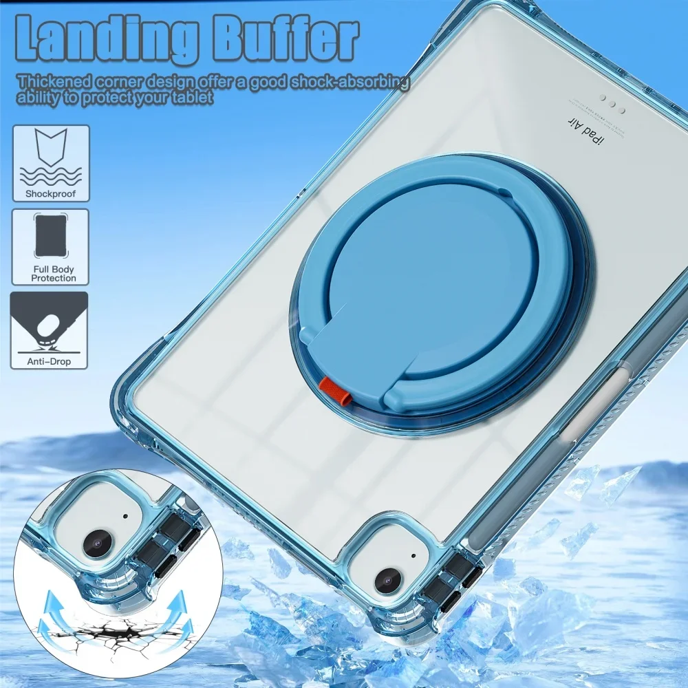 Versatile Clear Shockproof Tablet Case with Handle, Rotary Stand, Magnetic Pen Slot, and Strap