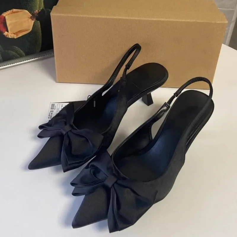 Elegant High Heels Women's Shoes Summer Black Shallow Mouth Pointed Toe Bow Slingbacks Luxury Party Office Lady Sandals