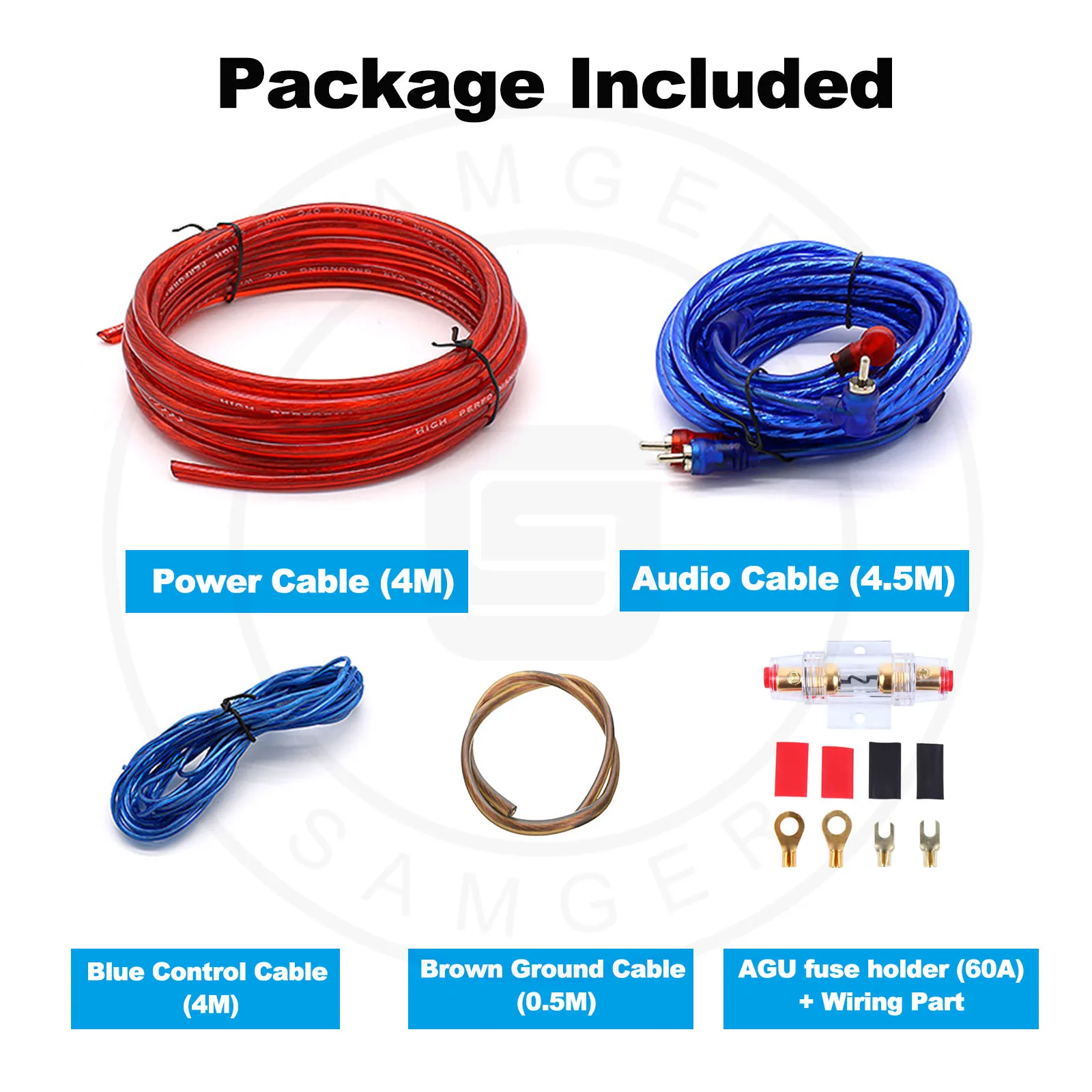 Samger 1500W Car Audio Wire 60A AGU Fuse Holder 18GA Blue Remote Power Cable Connection Kits Subwoofer Speaker Instal Wires Kit