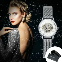 Elegant Silver Skeleton Mechanical Watch for Women with Luminous Hands and Mesh Steel Strap (BOX SILVER WHITE)