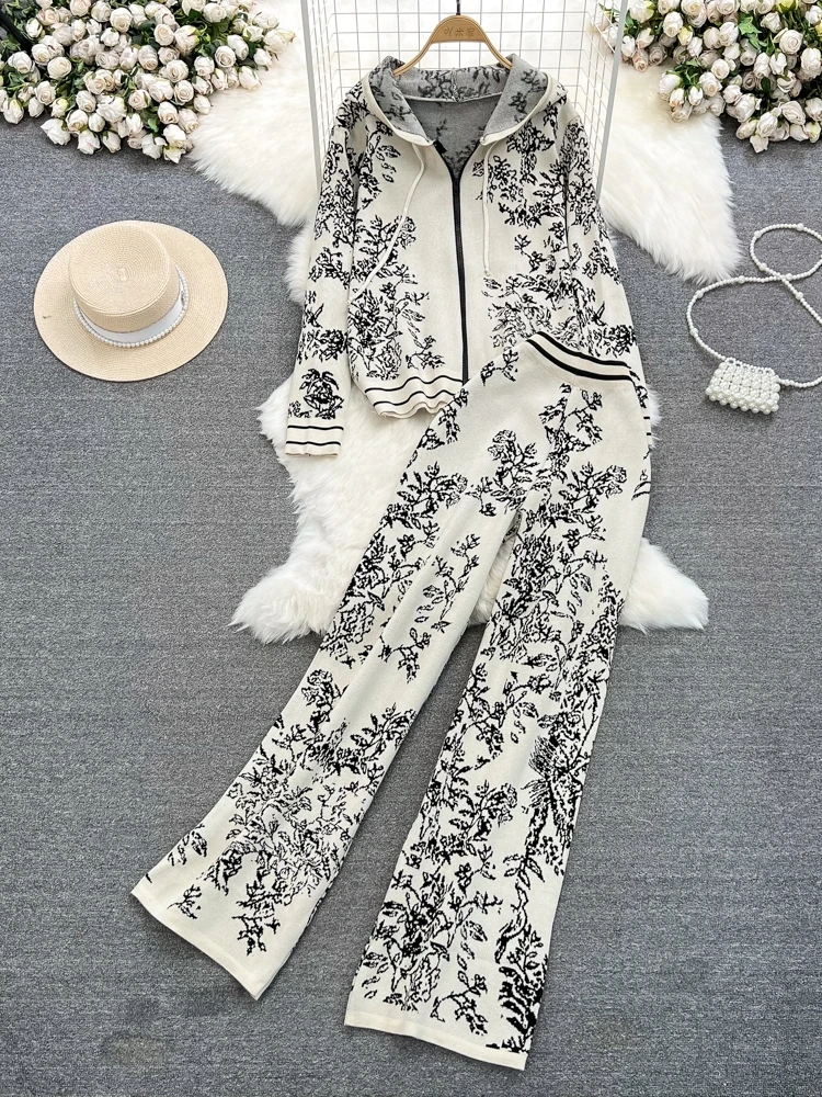Long sleeve hoodie knitted zip-up high rise pant set  | Festival Outfits Women
