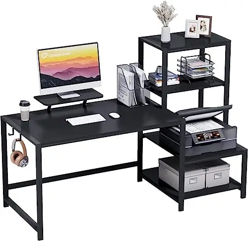 

Desk 59 inch with Storage Printer Shelf Reversible Home Office Desk with Movable Monitor Stand and 2 Headphone Hooks for Study W