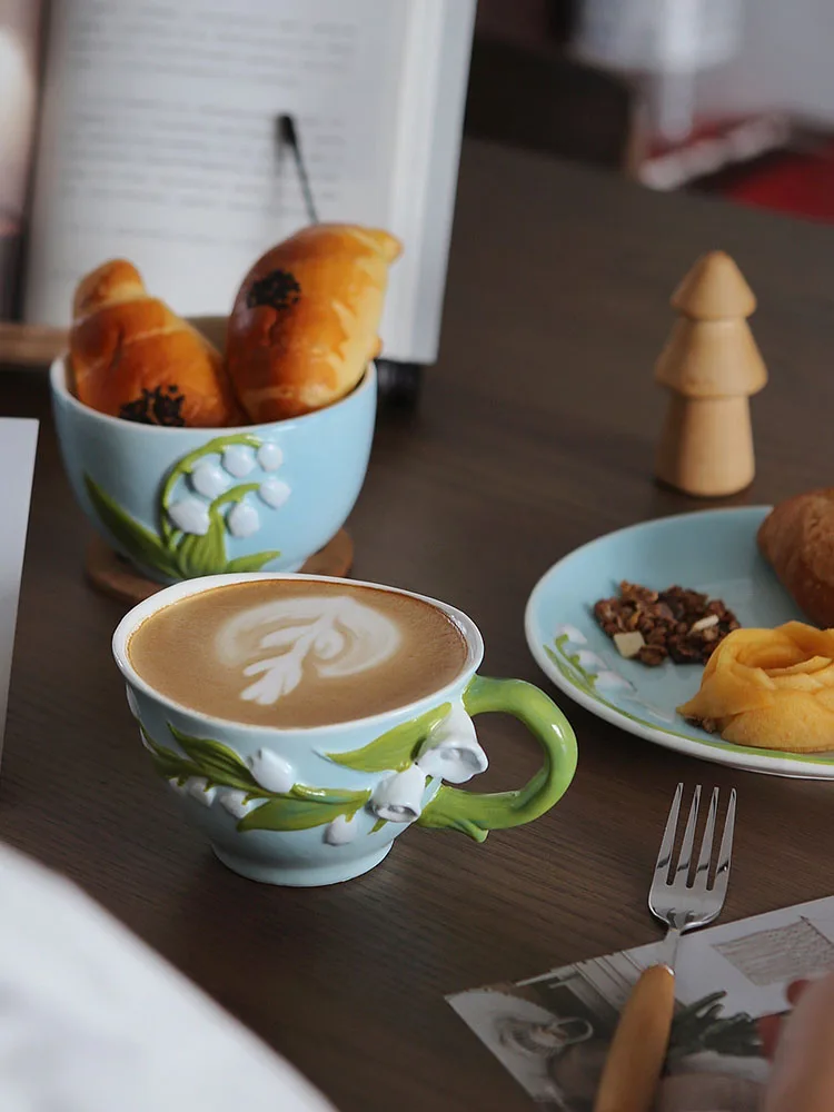 

Hand pinched hand-made design cup embossed lily of the valley bowl plate set mug plate rice bowl coffee cup
