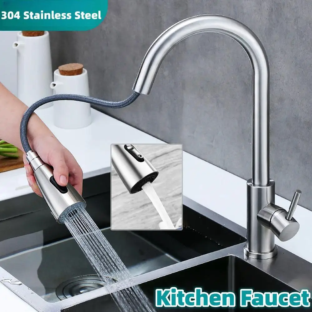 

Bathroom 304 Stainless Steel Pull Out Kitchen Faucet Double Outlet Water Cooling Hot Wash Basin Sink Faucet