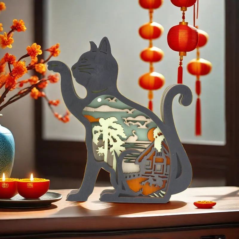 

3D Cat Wood Carving Multi-Layer Hollow Carving Handmade Decorative Crafts Holiday Gifts Creative Home Decoration