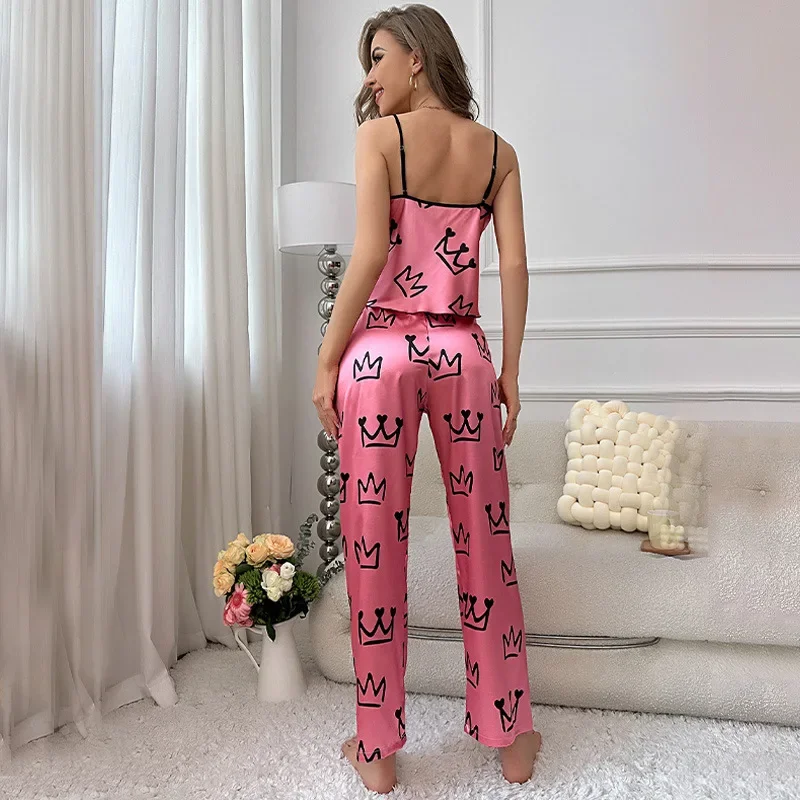 2023 New Summer Women's Pajamas Imitation Silk Loungewear Stylish Crown Print Loungewear Suspender Trousers Pajama Set