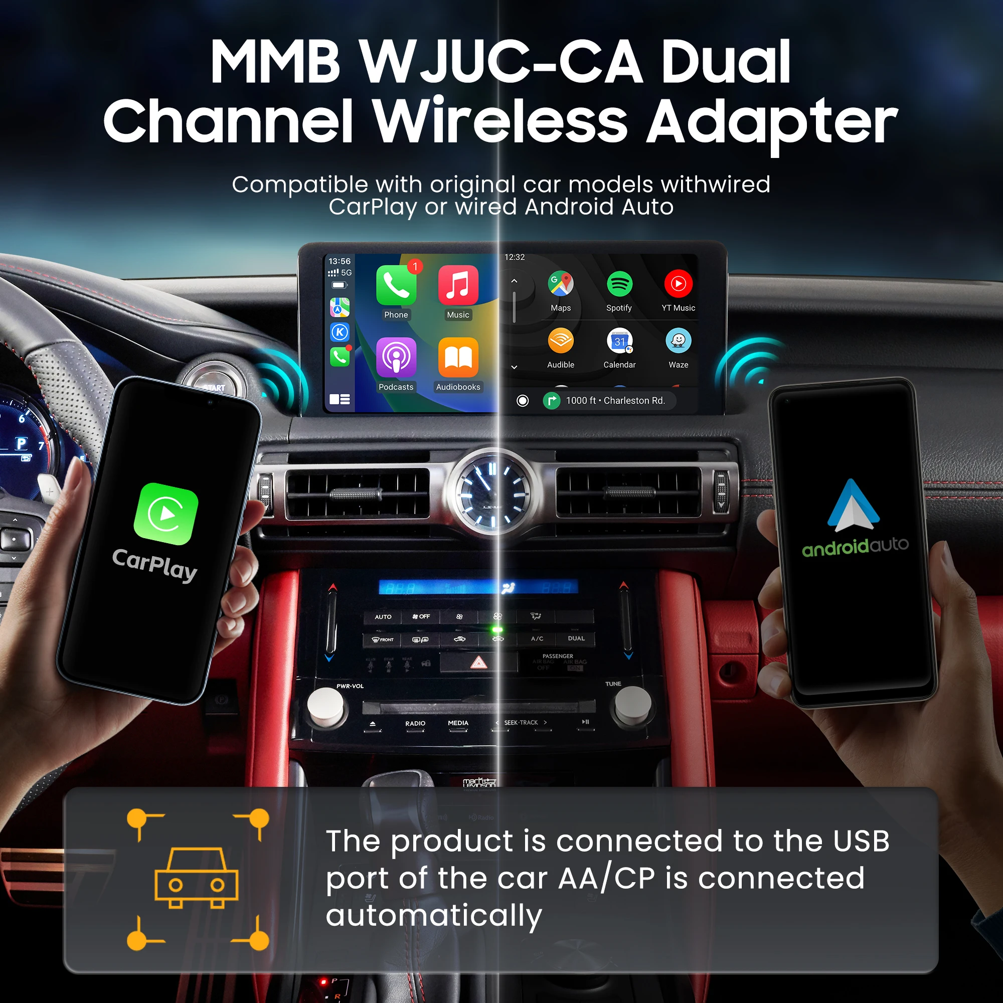 Adaptador inalámbrico Android Auto para automóvil – Versión 2023, cable a  inalámbrico Android Auto Dongle – WiFi de doble banda, baja latencia