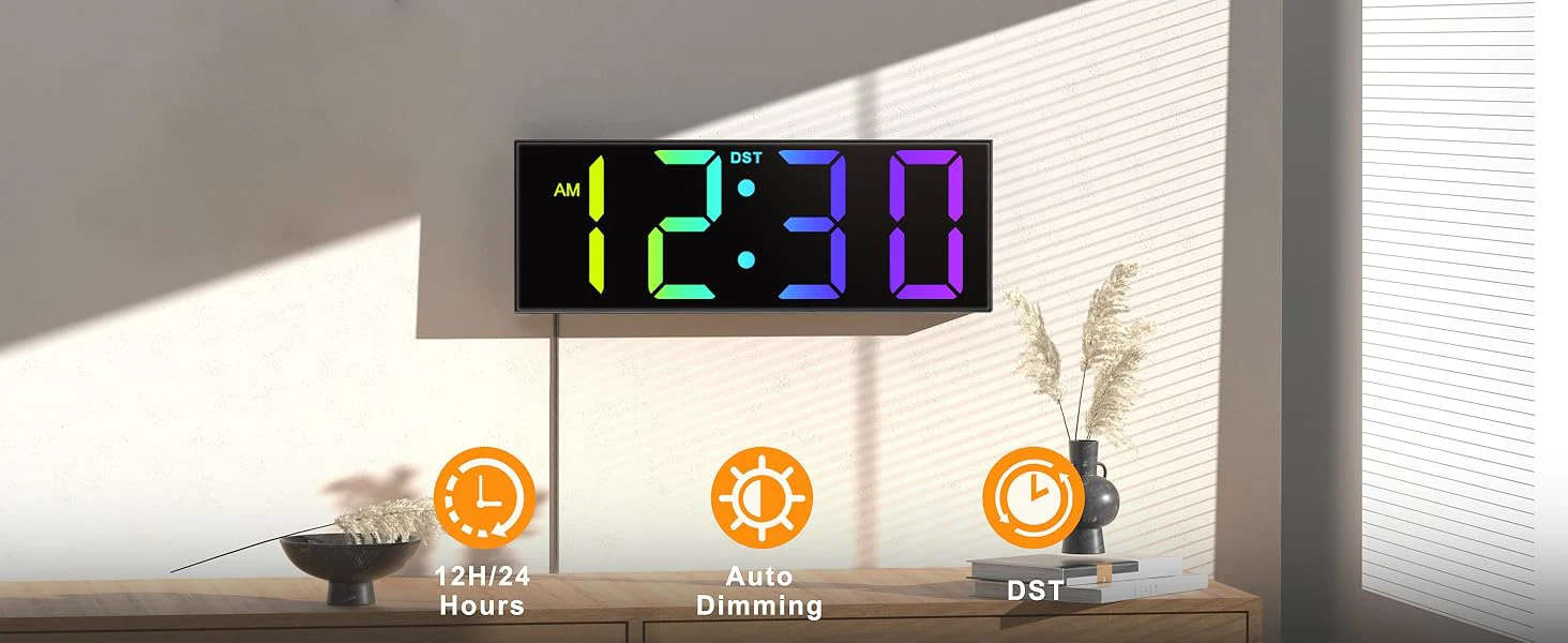 Description Picture 2 of item28.5cm/12'' Large Digital Wall Clock with Remote Control Electronic Big LED Screen 8 RGB Color DST Night Light for Bedside Table