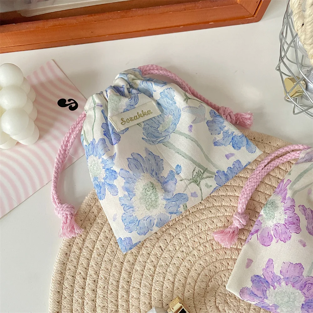 Floral Drawstring Bags Women Large Capacity Cosmetic Bag Makeup Pouch Large Capacity Coin Purse Jewelry Storage Box