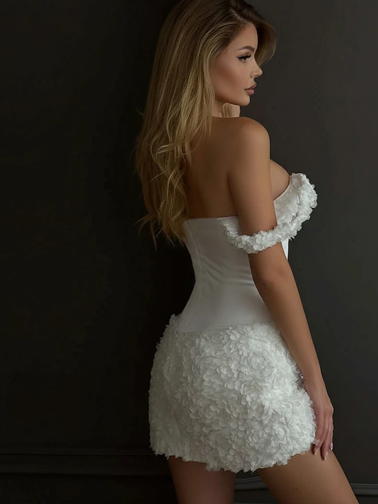 Nibber 3d Flowers Dress Women Slash Neck Fake Fish Bone Decoration Zipper Patchwork Sweet Birthday Party Fashion Mini Bodycon