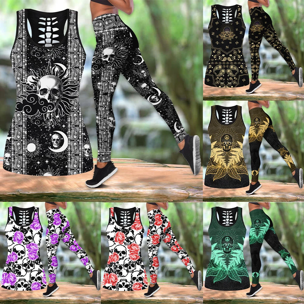 

Skull Floral Combo Hollow Tank Top And Legging Print Yoga Set sleeveless vest summer outfits for women 2023 Plus Size XS-8XL