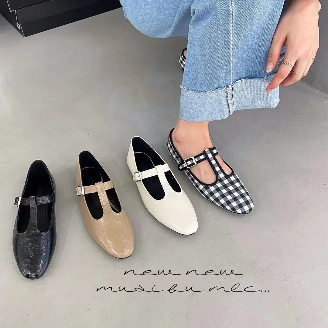 

Mr Co Fashion Single Shoes Women New Summer Shoes Real Leather Pointed Toe T-strap Low-heeled Leather Shoes Women Large Size