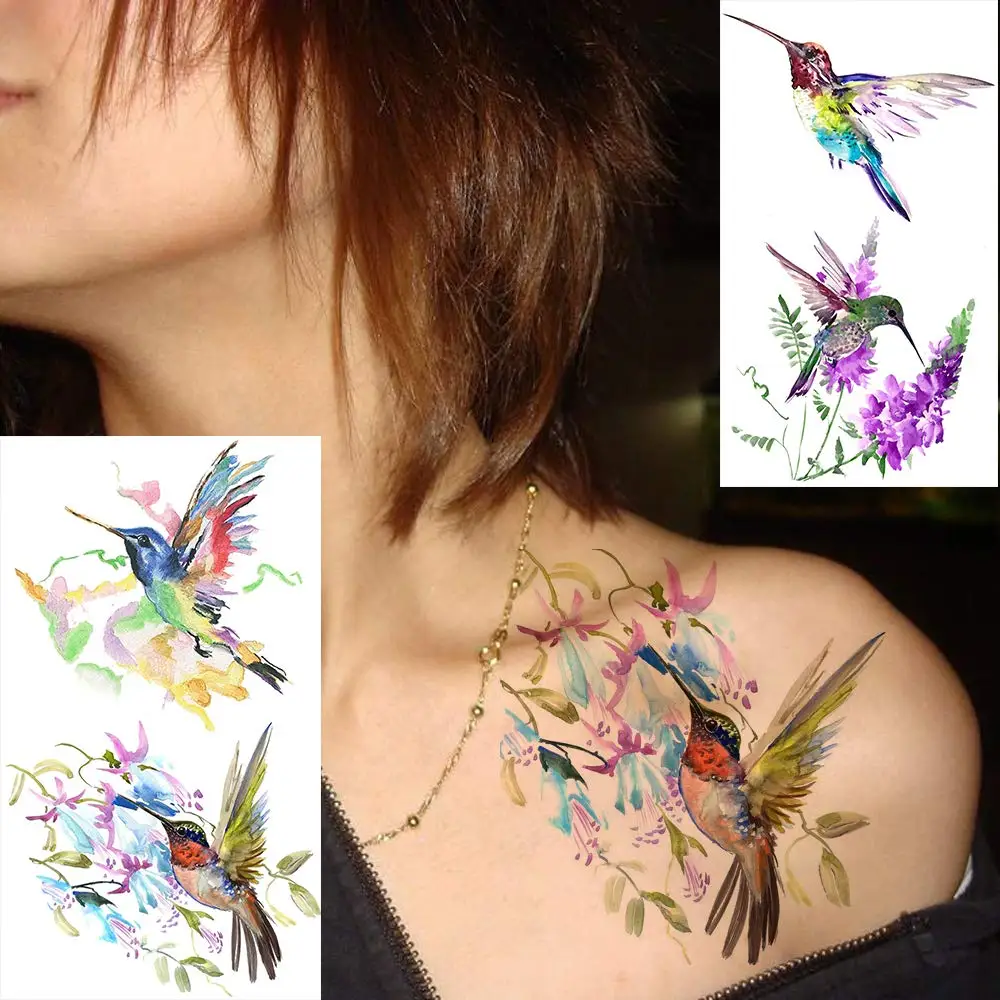 Tatuagens temporárias de beija-flor aquarela 3D para mulheres e meninas,  flores falsas, pequena temperatura, pássaros Hummer, adultos, 15 folhas -  AliExpress, image size:1000x1000