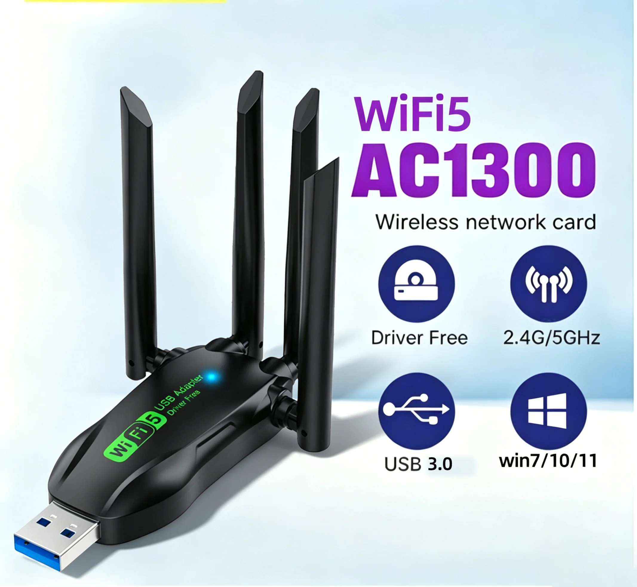 WiFi 5 무선 네트워크 카드 1300M 듀얼 밴드 2.4G 및 5GHz USB 3.0 데스크탑 노트북용 고속 Wifi 어댑터 드라이버 무료 제공