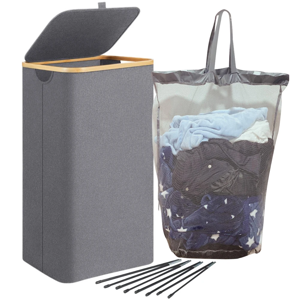 100L Dirty Clothes Bag Box Foldable Laundry Hamper Basket with Bamboo Handle&Lid with Removable Liner Bag for Laundry Room Dorm