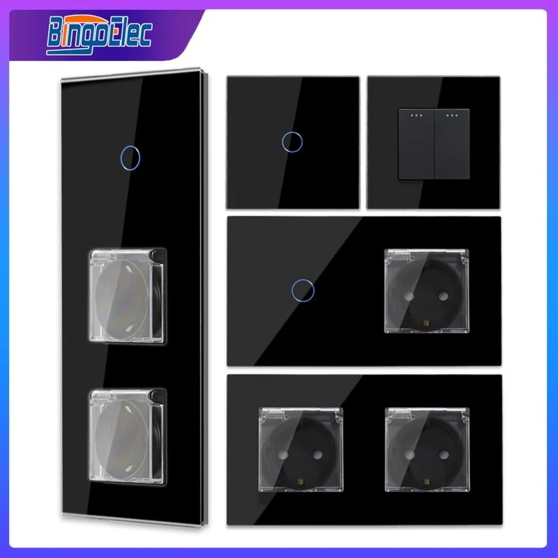 Bingoelec Interruptor de Toque de Luz Preta e Tomada à Prova Impermeável Água com Painel Vidro Cristal Melhoria da Casa