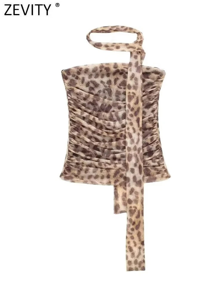 Zevity 여성용 스트랩리스 레오파드 플리츠 홀터 블라우스, 여성용 백리스 슬림 메쉬 셔츠, 세련된 크롭 탑, LS336, 신상 패션 