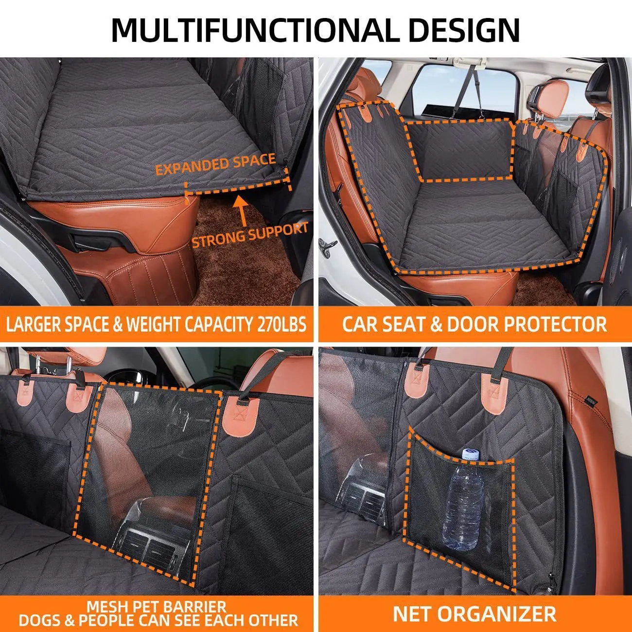 Dog Car Rear Seat Cover with 3 Hard Base Pieces, Waterproof Dog Car Hammock with Visible Mesh Window and Side Door Protector Pad