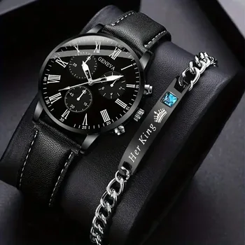 2PCS Men's Quartz Watch Set Fashion Trend Digital Scale Dial Quartz Watch