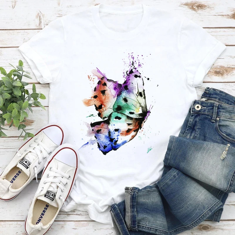 

Women T-shirt with Print Colourful Butterfly Graphic Short Sleeve T Shirt Streetwear White 2023 New Summer Tees Y2k Clothes Tops