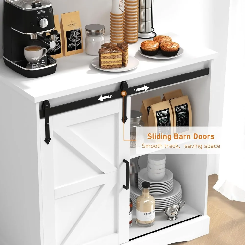 31.5" H Farmhouse Coffee Bar Cabinet W/Storage, White Kitchen Sideboard Buffet Cabinet with Sliding Barn Door,Adjustable Shelves 2