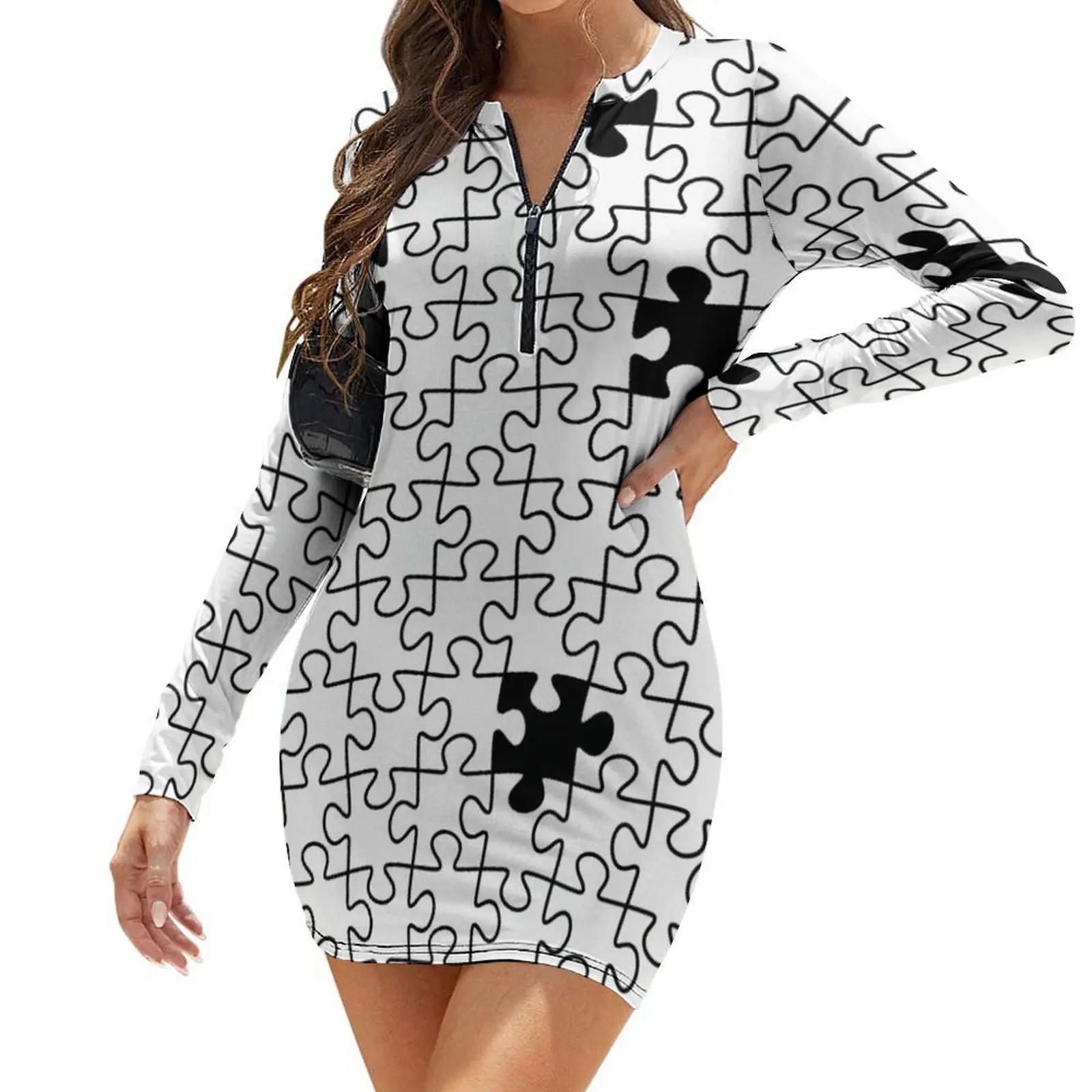 

The Missing Piece - Abstract Jigsaw Puzzle Black and White Long-Sleeve Bodycon Dress bandage dress