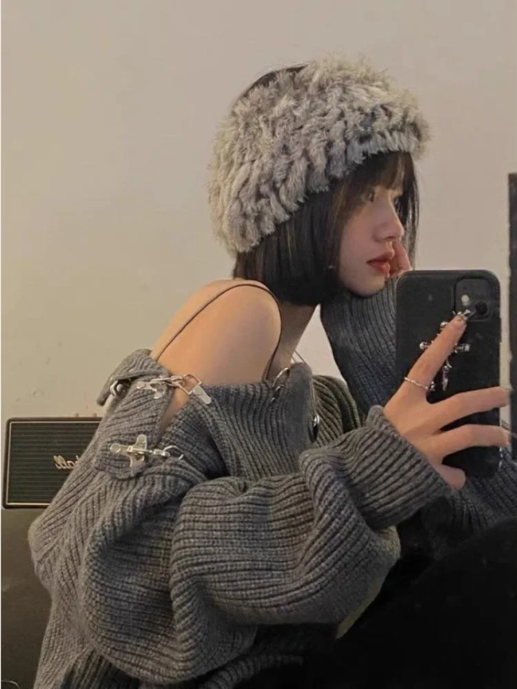 

Deeptown Y2K Grunge Gray Oversized Sweater Women Harajuku Punk Knitted Jumper Sexy Off Shoulder Loose Casual Tops Hip Hop Retro