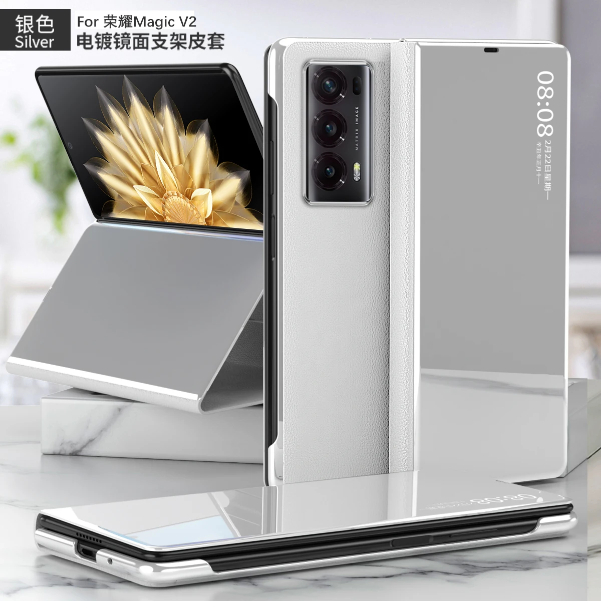 

Умная флип-подставка для телефона Honor Magic V2 V 2, кожаный ударопрочный чехол с зеркальным покрытием для Honor Magic V2