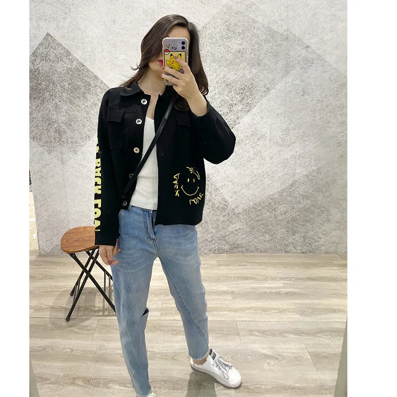 

Women Jacket Single Breasted Pockets Embroidered Letter Turn-down Collar Short Coat