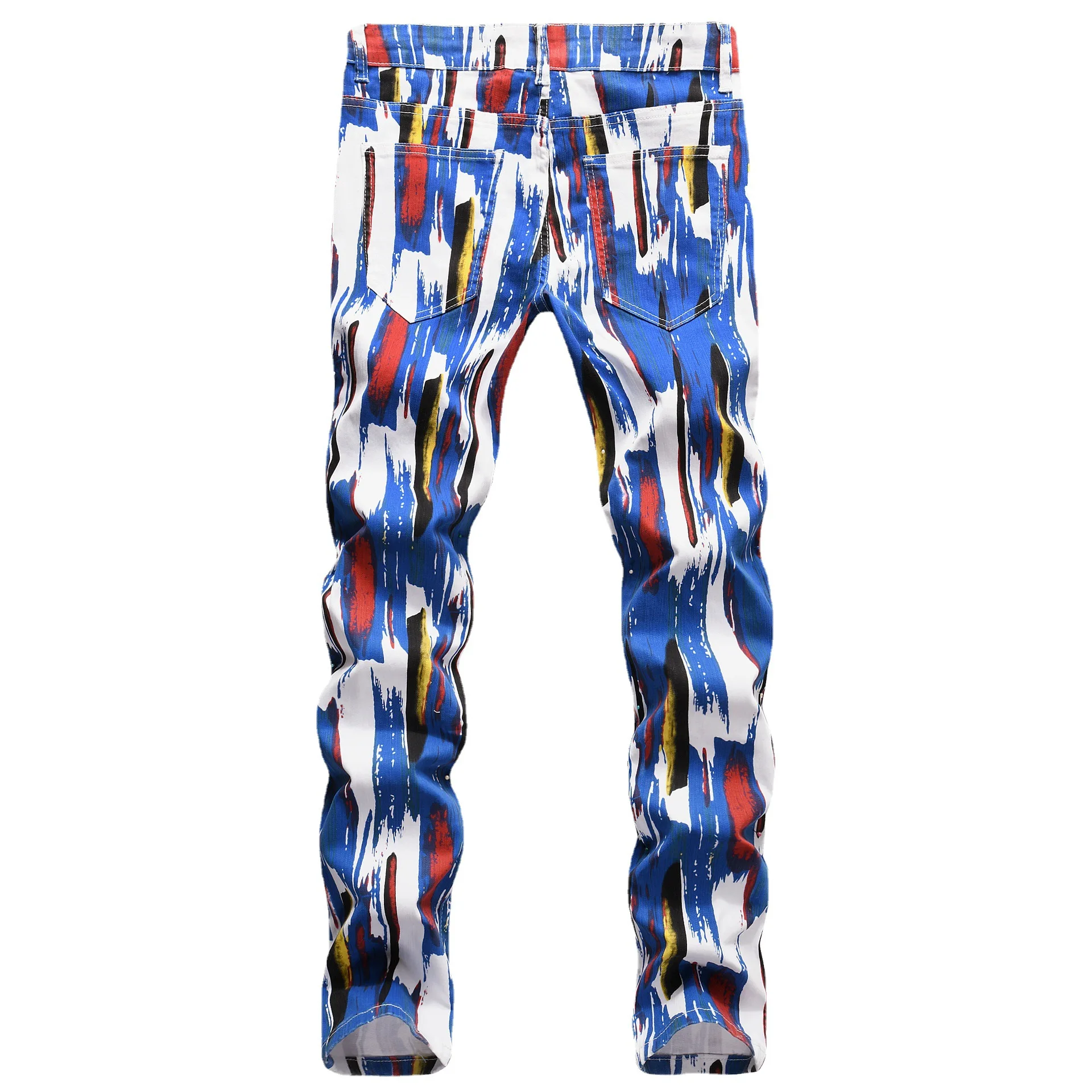 Europe and the United States four seasons color printed jeans men alternative nightclub stretch slim feet fashion brand long