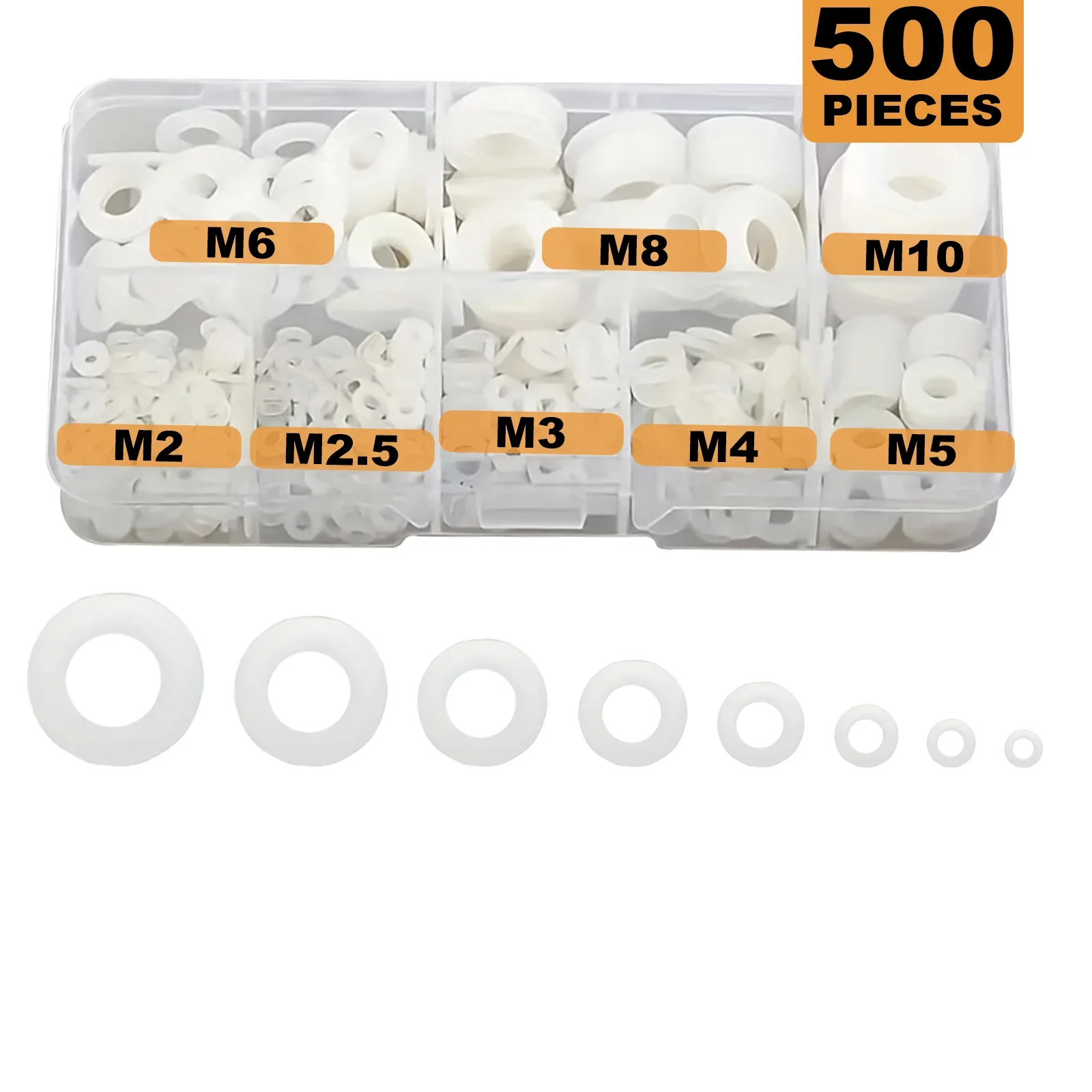500 White Nylon Plastic Washer Set, Suitable for Anti-wear and Dielectric Insulation, M2 - M10, with Convenient Boxed Packaging