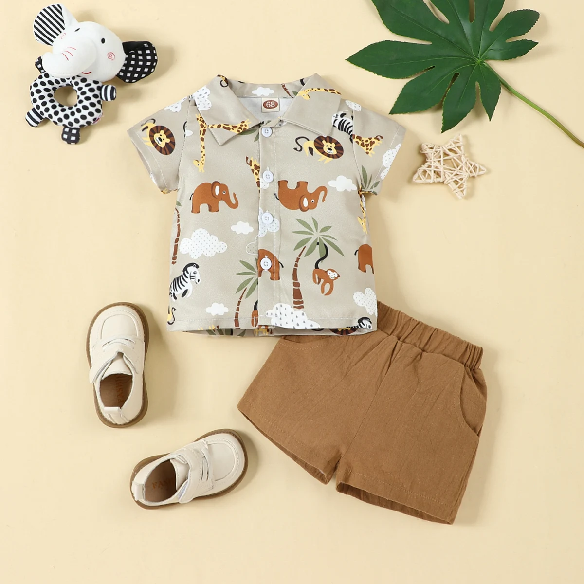 Summer Baby Boy Cartoon Printed Short Sleeved Lapel Shirt+Khaki Shorts Casual Fashion Pants Set
