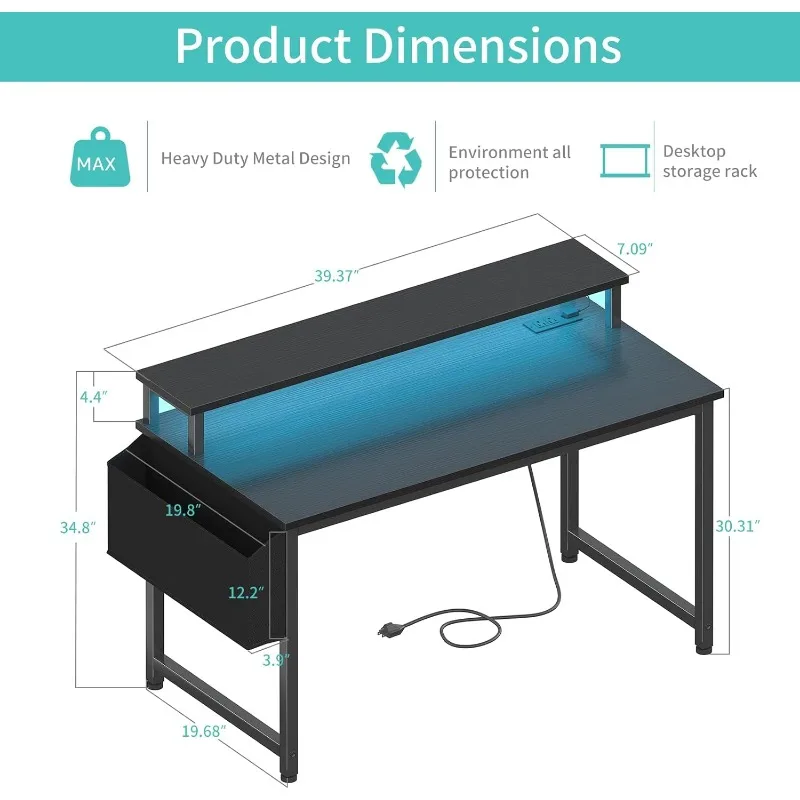 Black Gaming Desk with LED Lights and Power Outlets, 40 Inch Teen Writing Study Table Home Office Desks with Monitor Stand 3